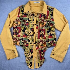 Large Coca Moda Yellow Mickey Mouse Blouse Tie Front Collared Button Down